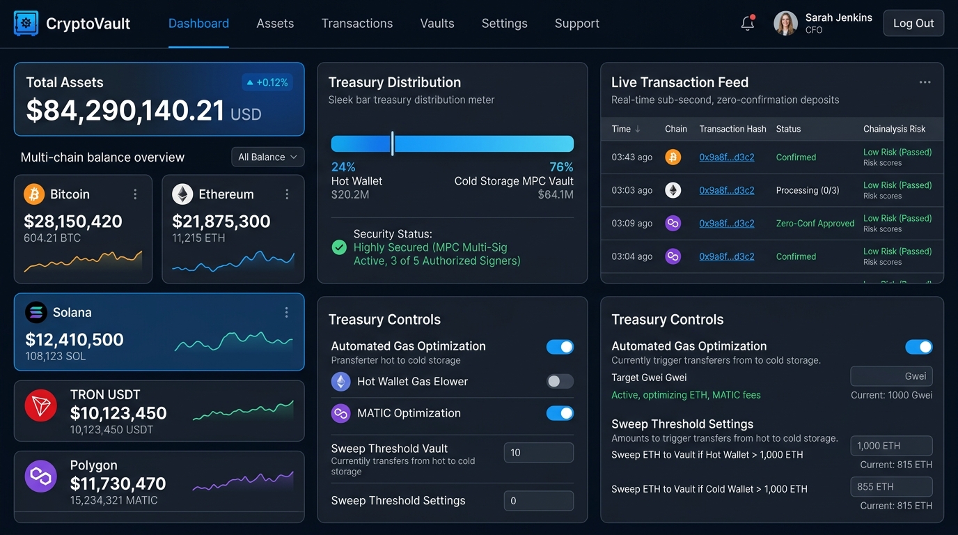 CryptoVault Multi-Chain Custody & Instant Settlement Gateway Interface