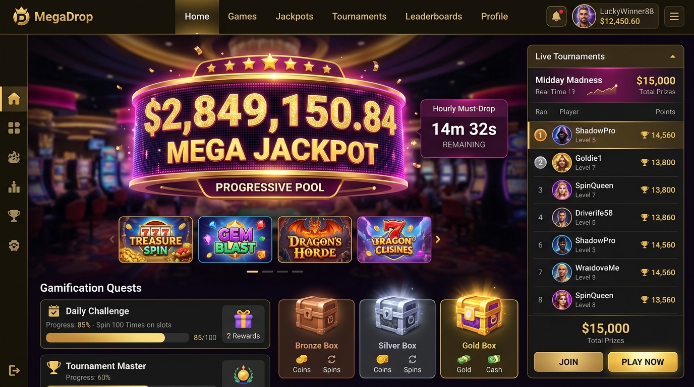 MegaDrop Progressive Jackpot & Gamification Aggregator Interface